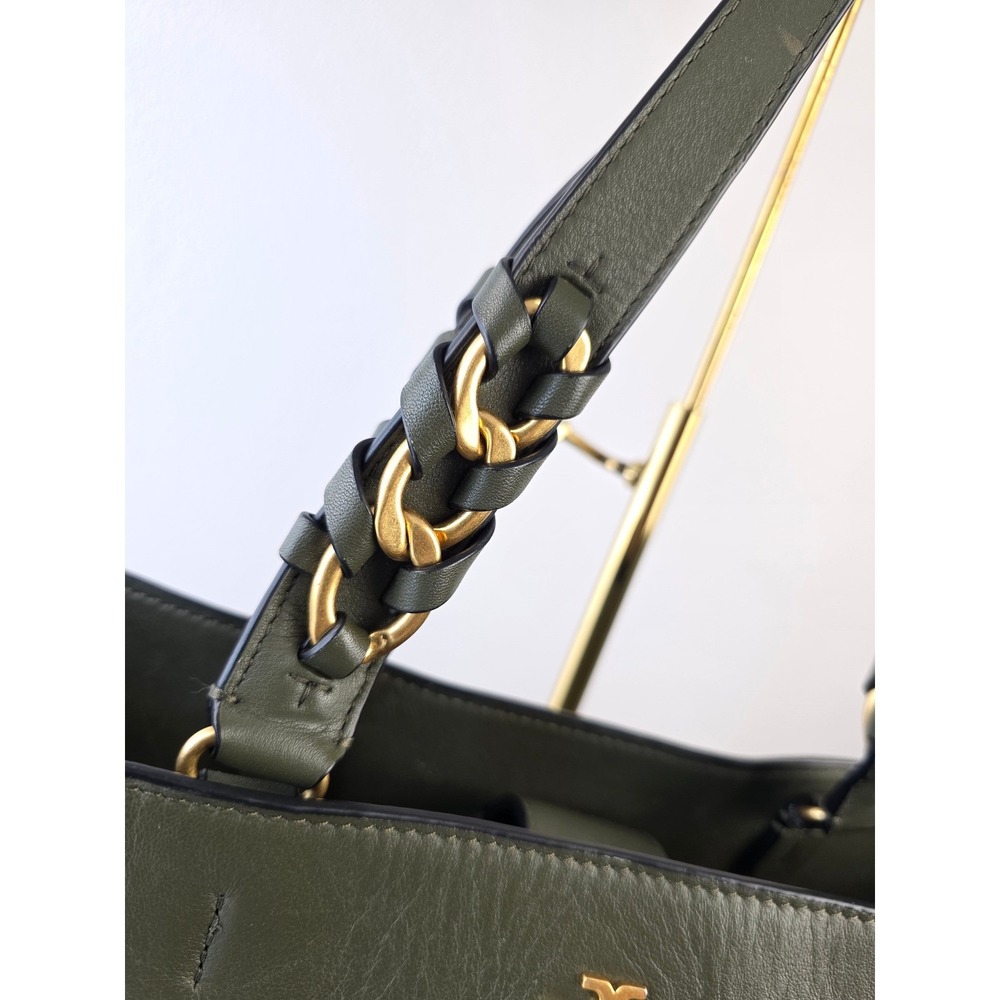 Tory Burch McGraw Mixed-Materials Tote Olive Green Leather Suede Gold Chain Bag - Picture 4 of 16